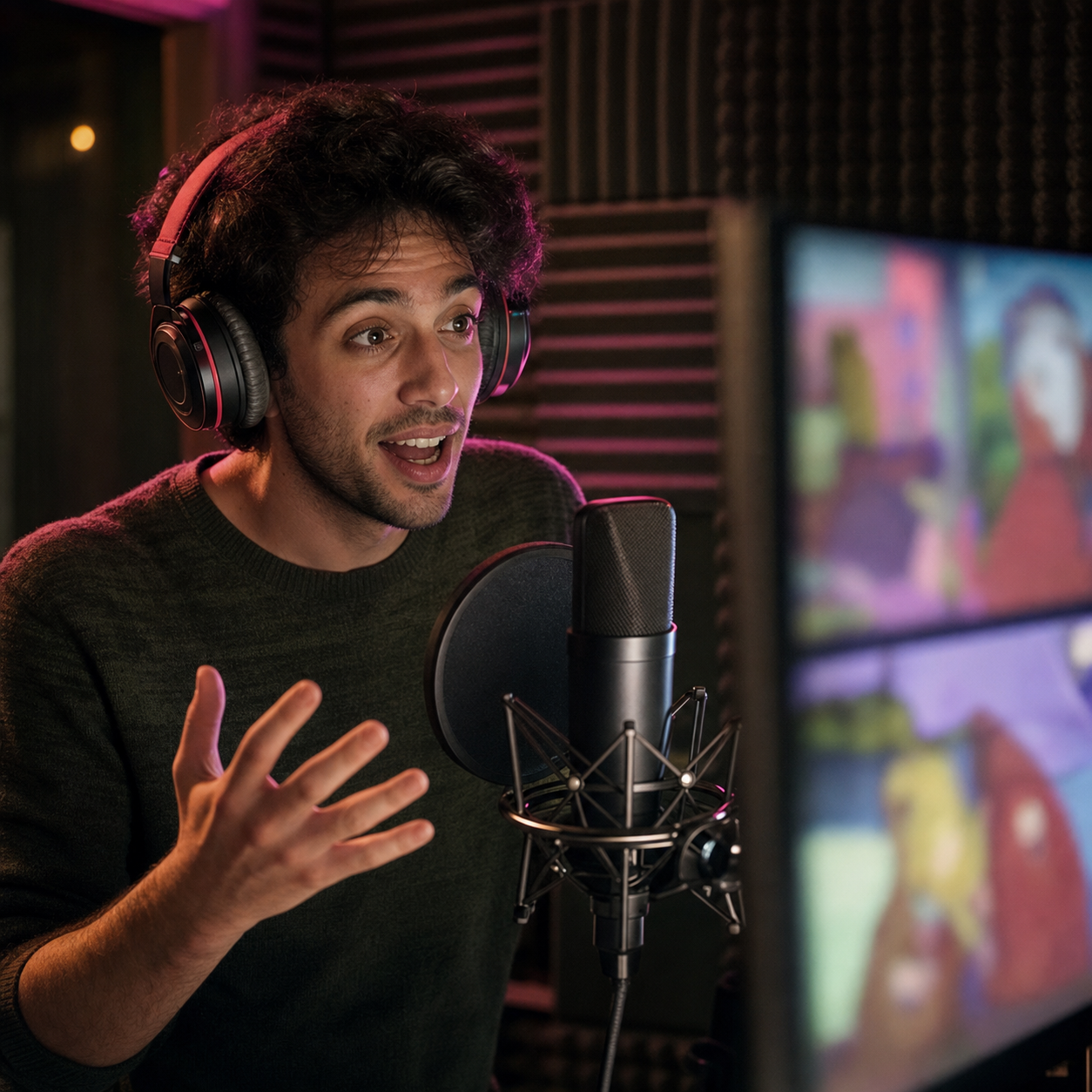 Doppiatore registra la voce di un personaggio animato guardando uno storyboard colorato