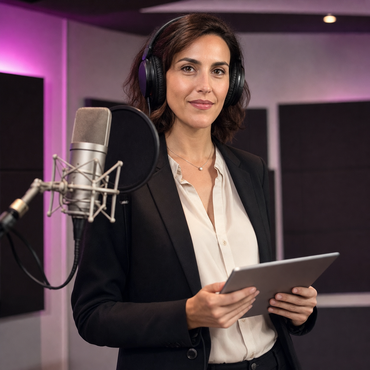 Speaker professionista registra un video corporate ed e-learning in studio con pannelli fonoassorbenti