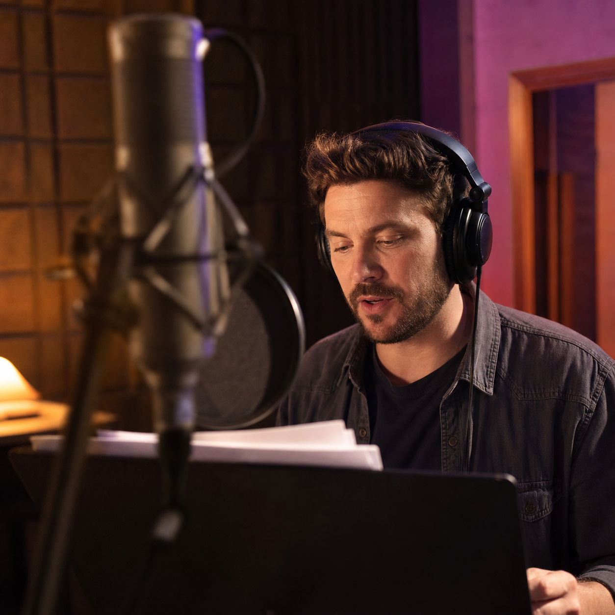 Voice-over narra un documentario in cabina di registrazione con leggio e copione